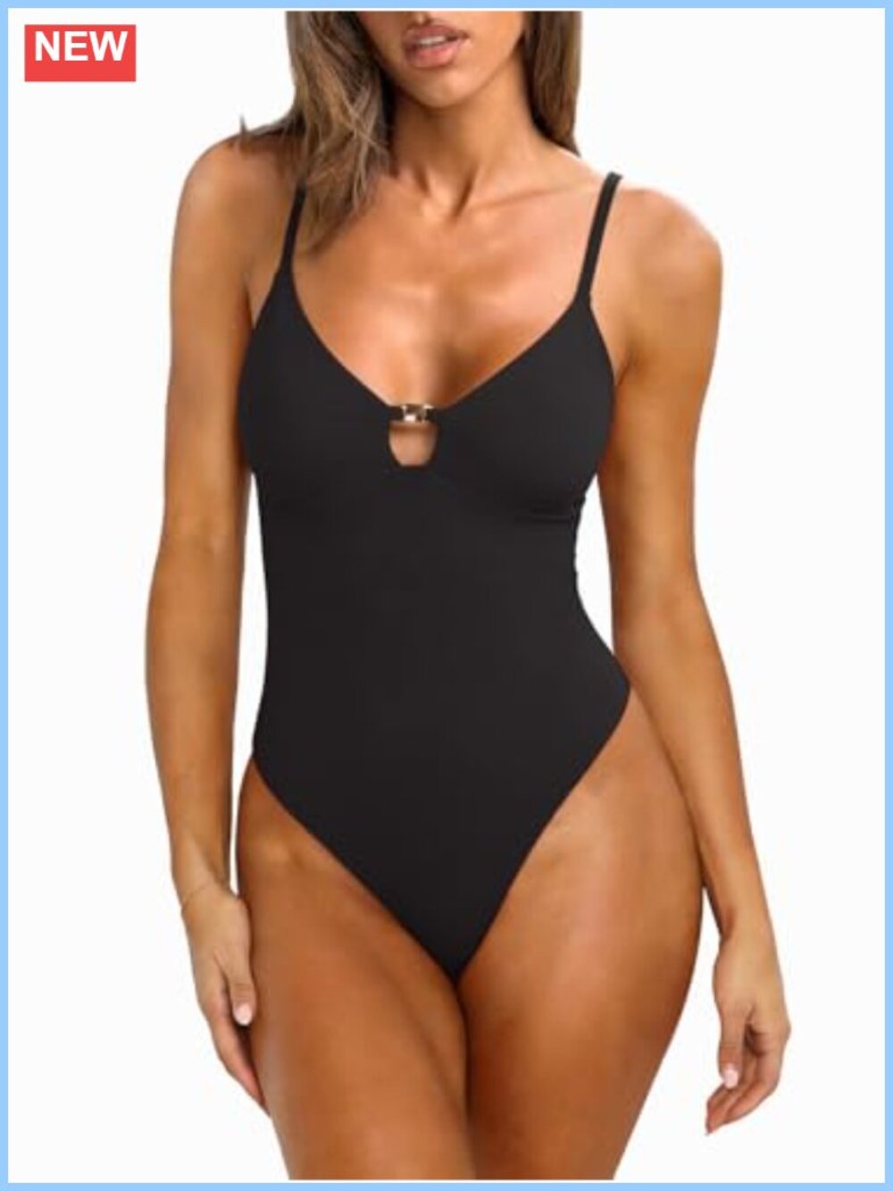 REORIA Women's Seamless Cami Bodysuit with Built in Bra Sleeveless V Neck Tank